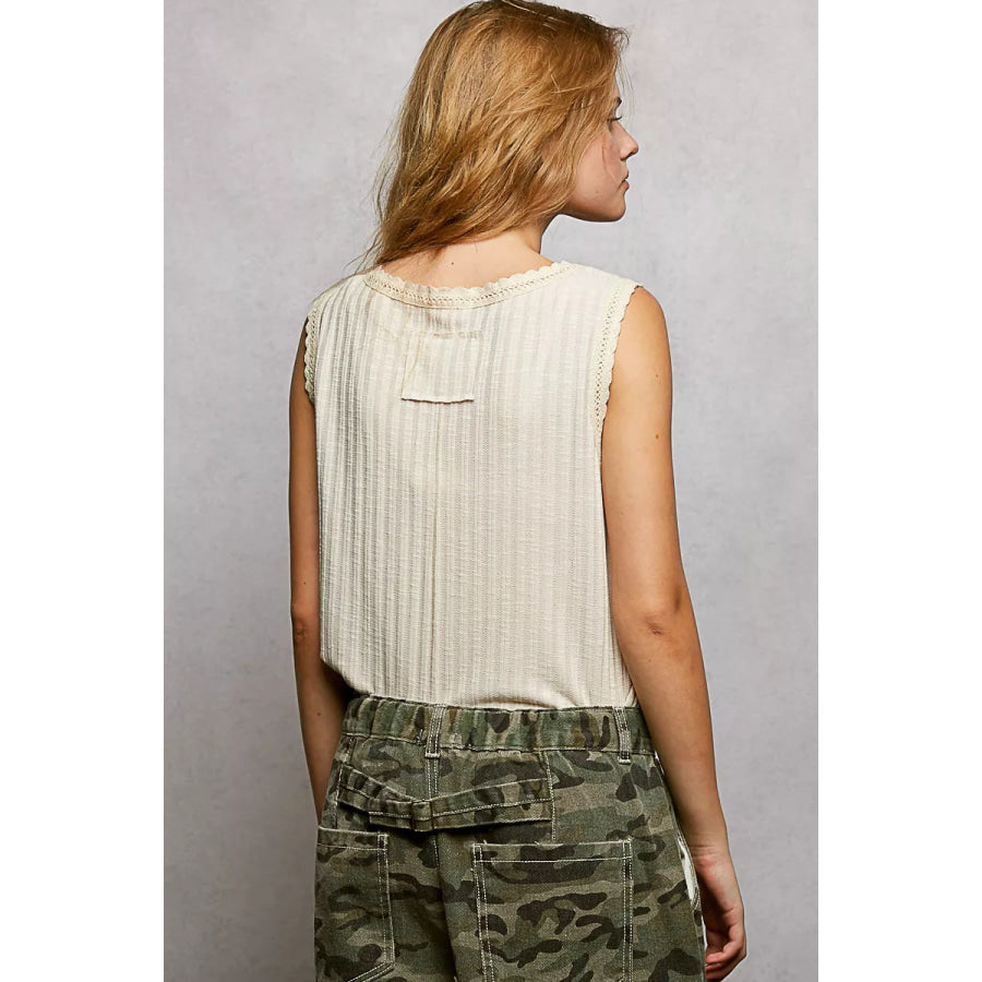 POL Ribbed Round Neck Tank with Lace Trim Apparel and Accessories