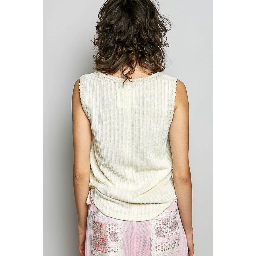 POL Ribbed Round Neck Tank with Lace Trim Apparel and Accessories