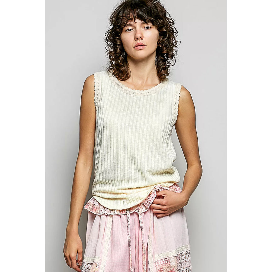 POL Ribbed Round Neck Tank with Lace Trim BEIGE / S Apparel and Accessories