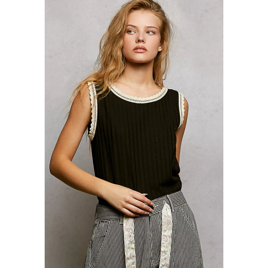 POL Ribbed Round Neck Tank with Lace Trim Black / S Apparel and Accessories