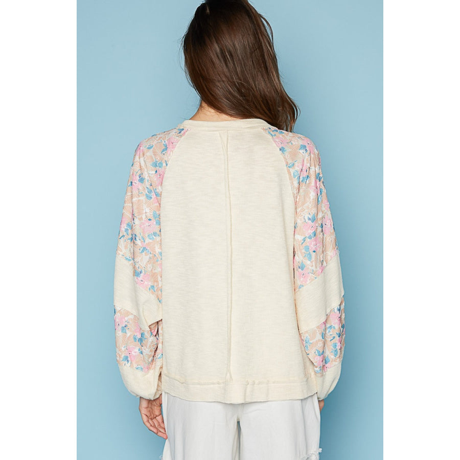 POL Round Neck Balloon Floral Long Sleeve Top Apparel and Accessories