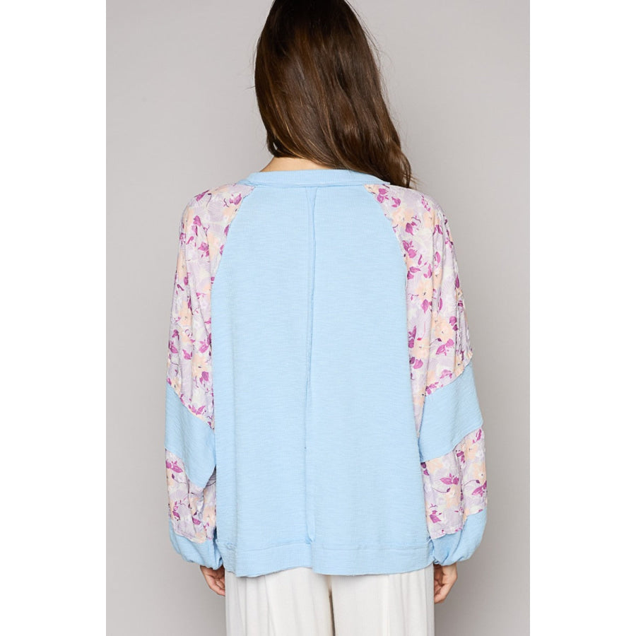 POL Round Neck Balloon Floral Long Sleeve Top Apparel and Accessories