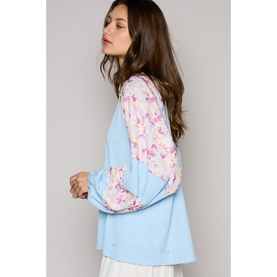 POL Round Neck Balloon Floral Long Sleeve Top Apparel and Accessories