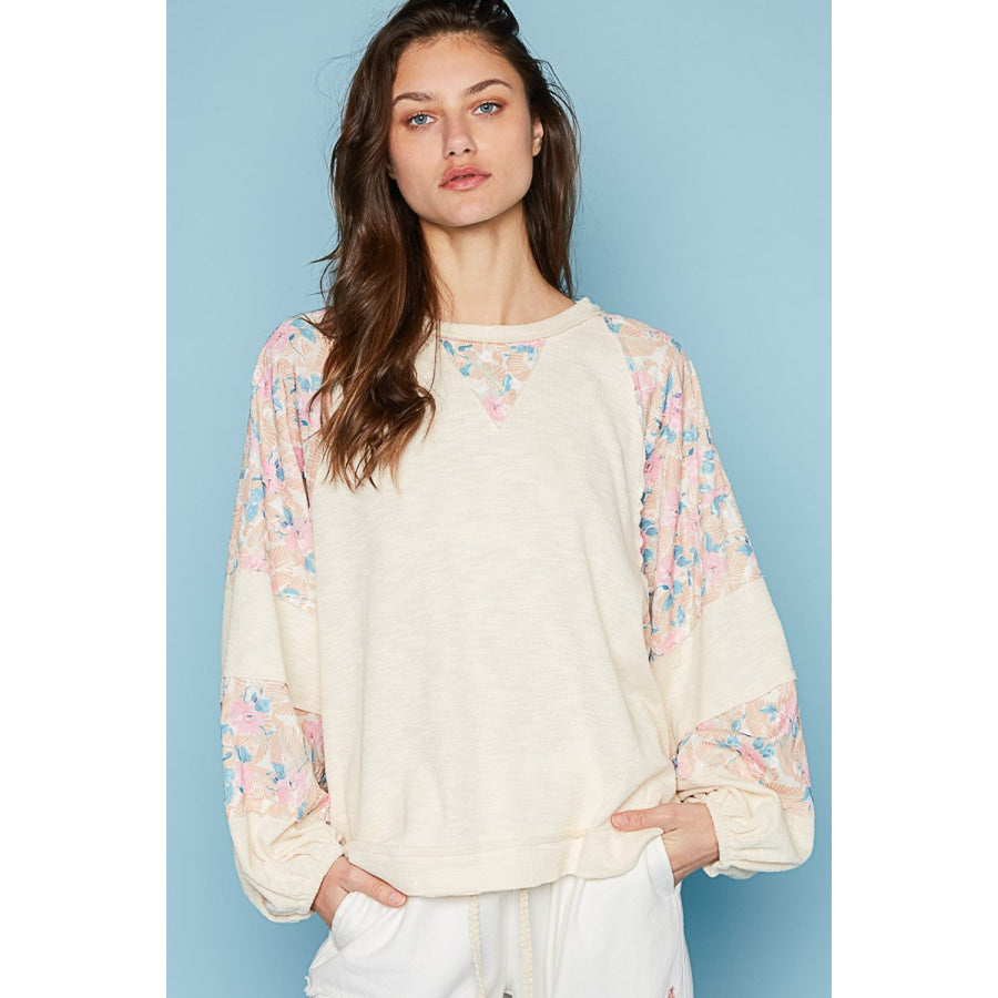 POL Round Neck Balloon Floral Long Sleeve Top Cream Multi / S Apparel and Accessories