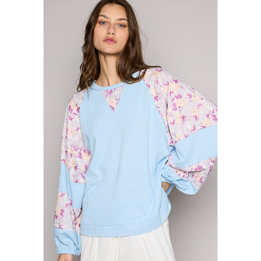 POL Round Neck Balloon Floral Long Sleeve Top Sky Blue Multi / S Apparel and Accessories