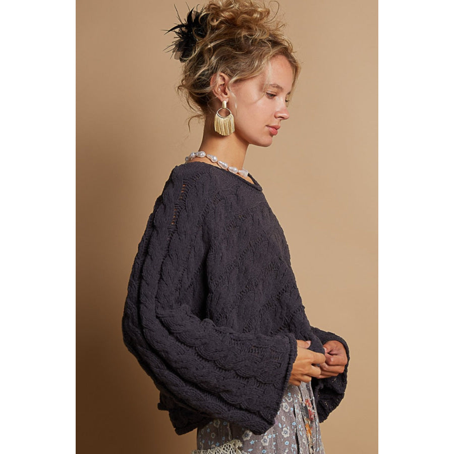 POL Round Neck Cable Knit Cropped Sweater Charcoal / S Apparel and Accessories