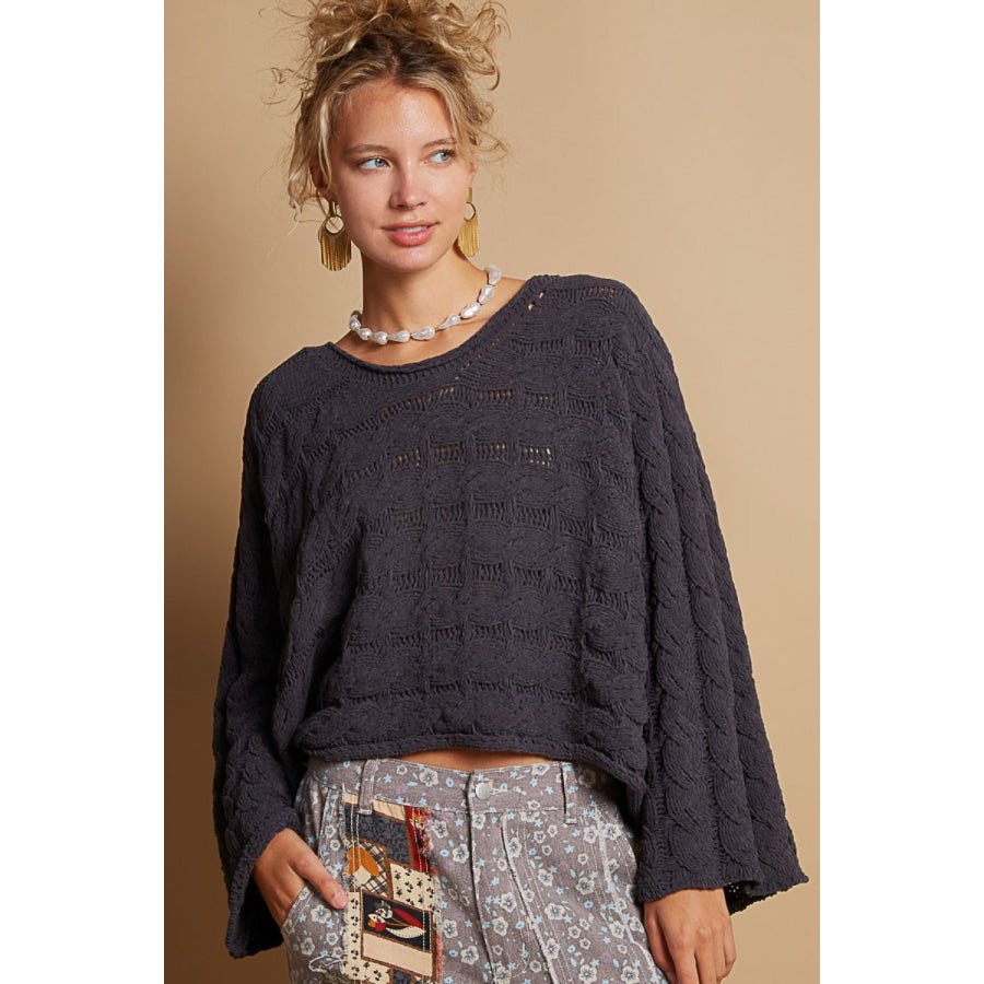 POL Round Neck Cable Knit Cropped Sweater Charcoal / S Apparel and Accessories