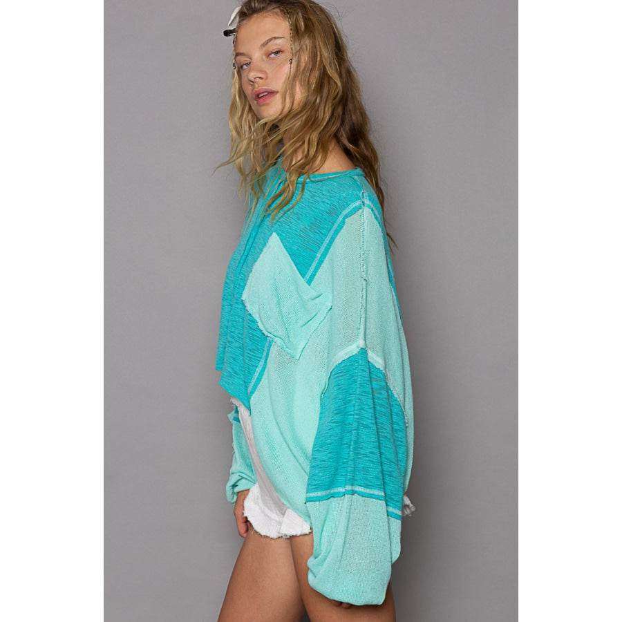 POL Round Neck Contrast High-Low Top Aqua / S Apparel and Accessories