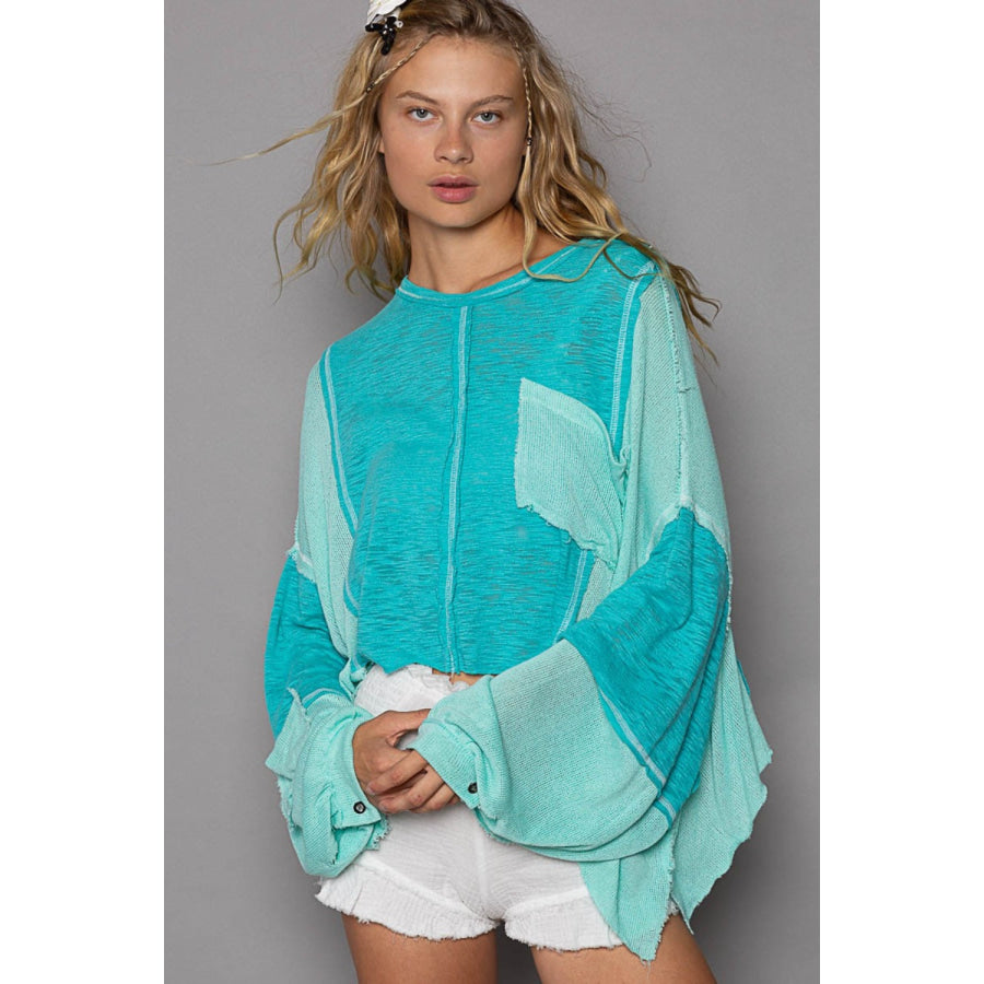 POL Round Neck Contrast High-Low Top Aqua / S Apparel and Accessories