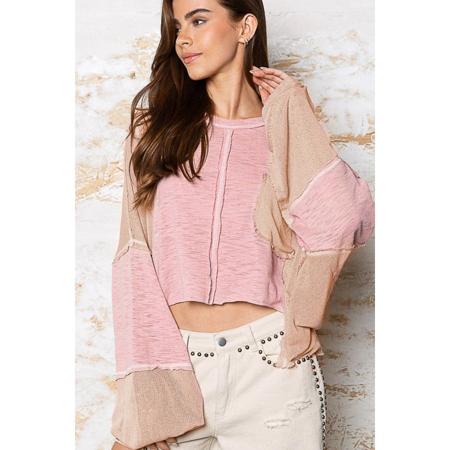 POL Round Neck Contrast Stitching High-Low Top Mauve / S Apparel and Accessories