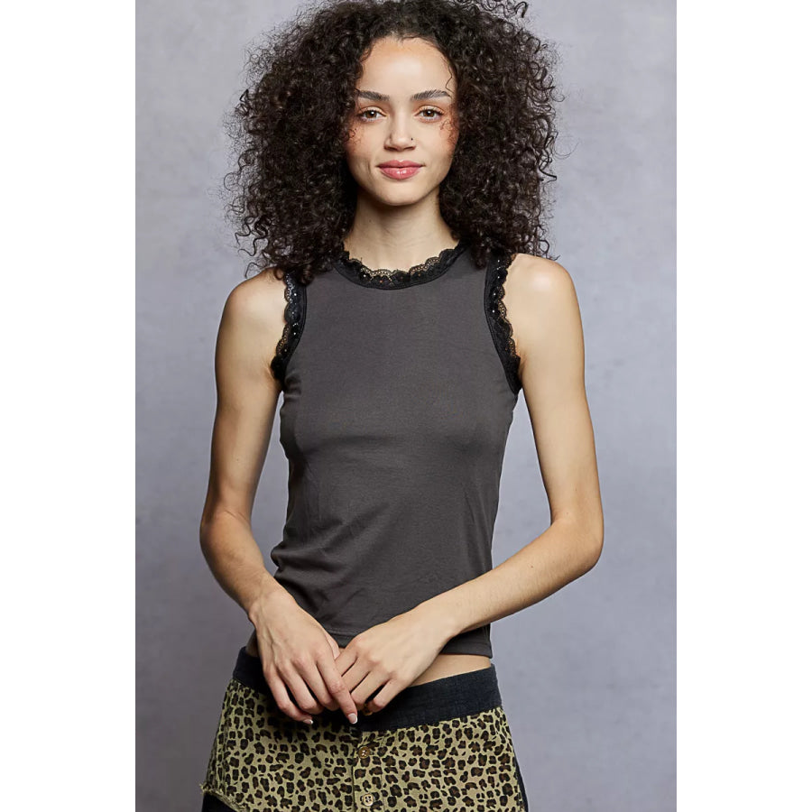 POL Round Neck Cropped Tank with Lace Trim CHARCOAL / S Apparel and Accessories