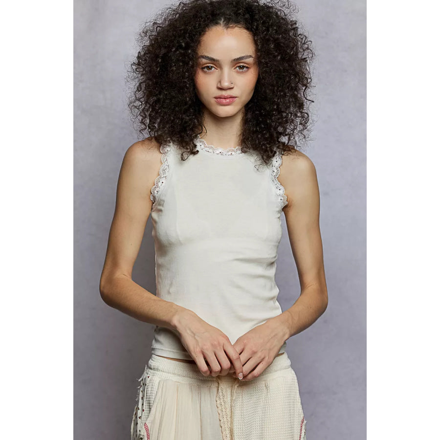 POL Round Neck Cropped Tank with Lace Trim CREAM / S Apparel and Accessories