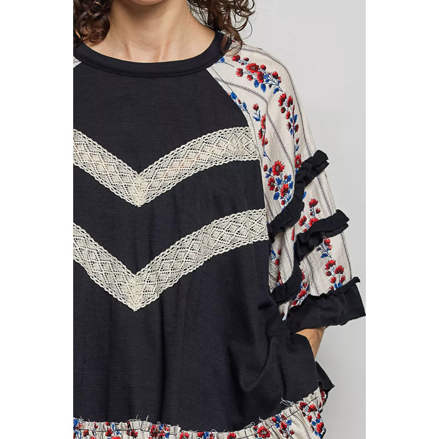 POL Round Neck Half Sleeve Contrast Floral Lace Oversized Knit Top Apparel and Accessories