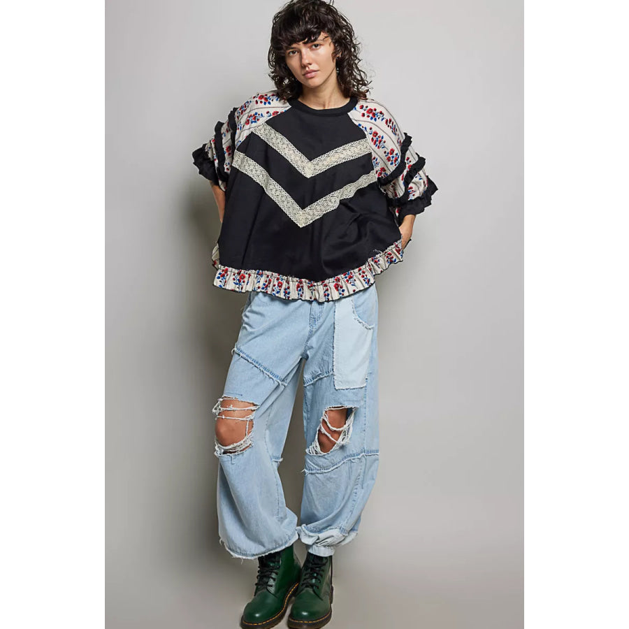 POL Round Neck Half Sleeve Contrast Floral Lace Oversized Knit Top Apparel and Accessories