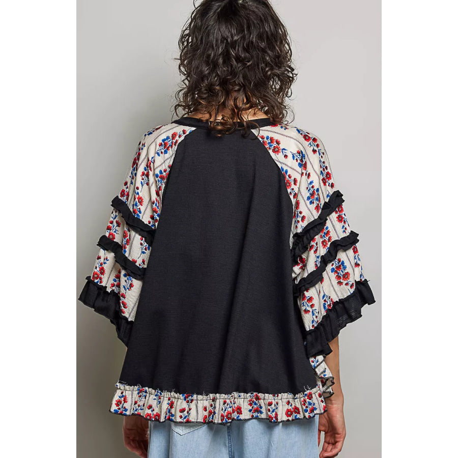 POL Round Neck Half Sleeve Contrast Floral Lace Oversized Knit Top Apparel and Accessories