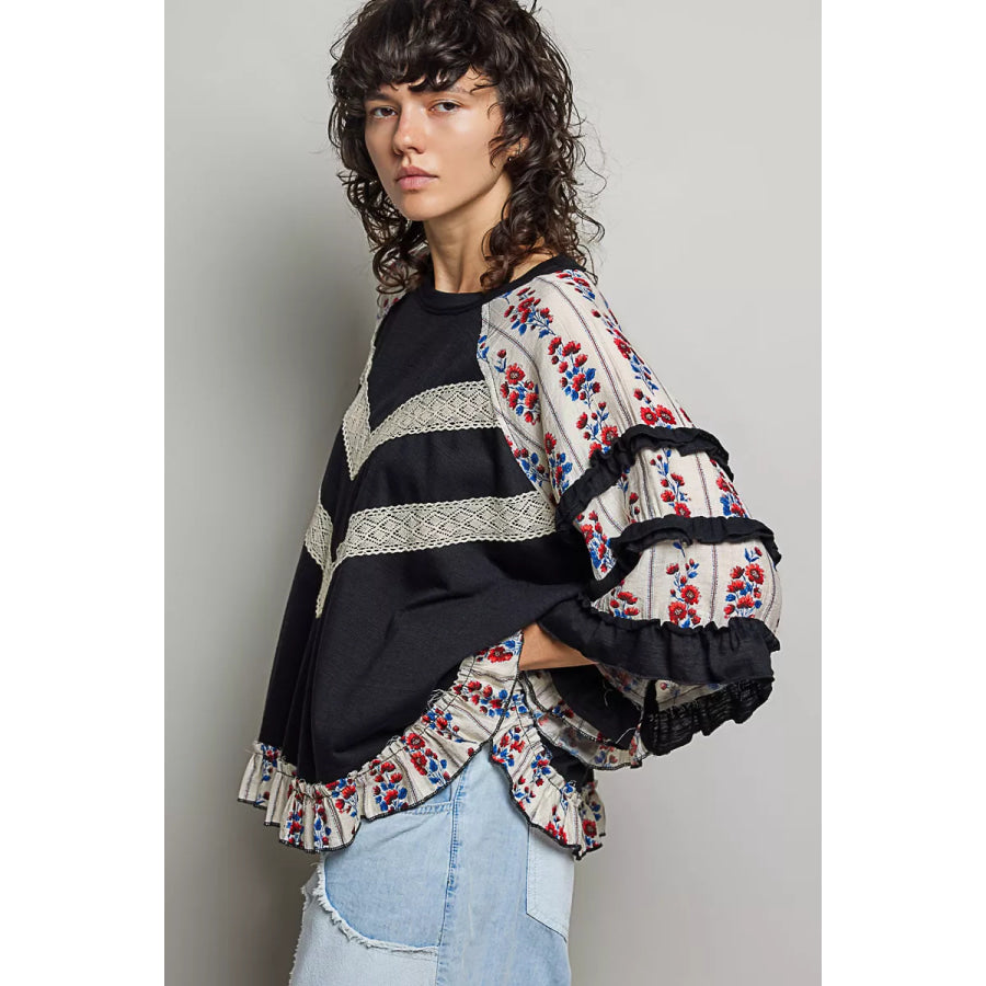 POL Round Neck Half Sleeve Contrast Floral Lace Oversized Knit Top Black / S Apparel and Accessories