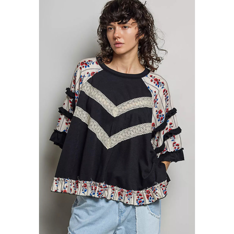 POL Round Neck Half Sleeve Contrast Floral Lace Oversized Knit Top Apparel and Accessories