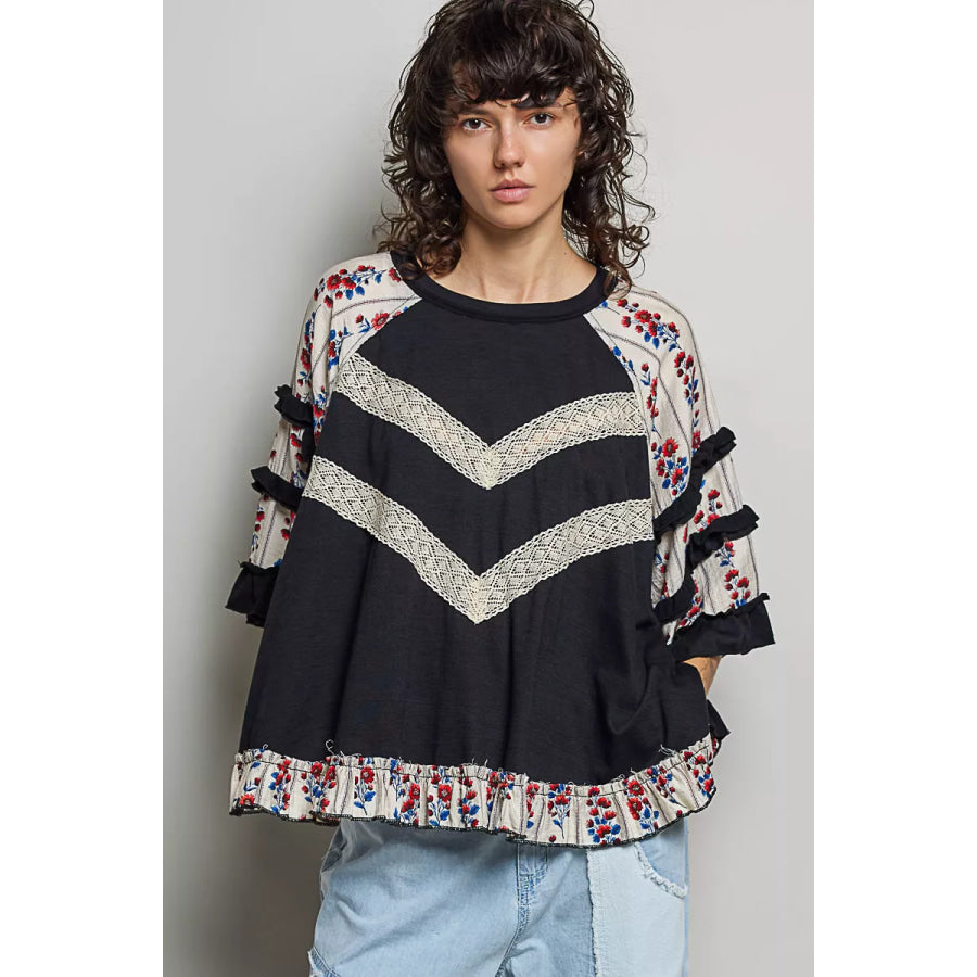 POL Round Neck Half Sleeve Contrast Floral Lace Oversized Knit Top Black / S Apparel and Accessories