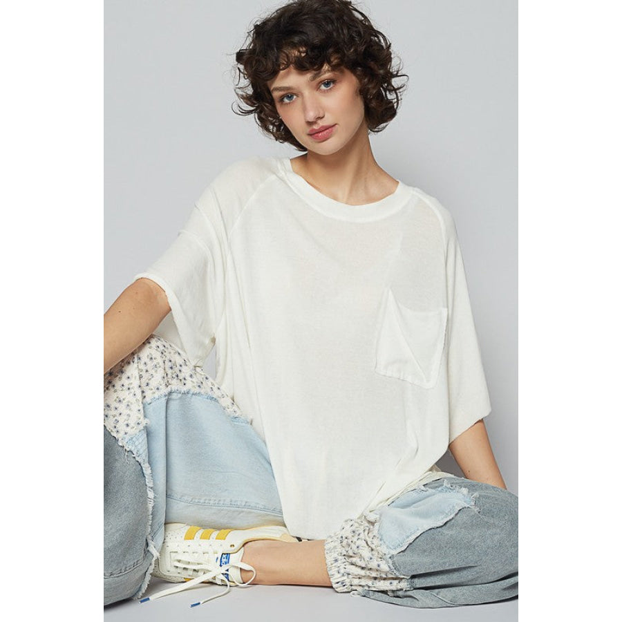 POL Round Neck Half Sleeve T-Shirt Off White / S Apparel and Accessories