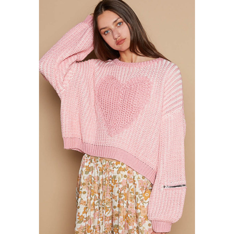 POL Round Neck Heart Patch Zipper Point Sleeve Sweater Candy Pink / S Apparel and Accessories