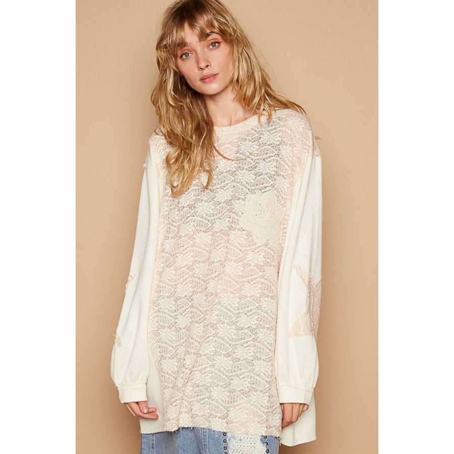 POL Round Neck Long Sleeve Crochet Patches Top Apparel and Accessories