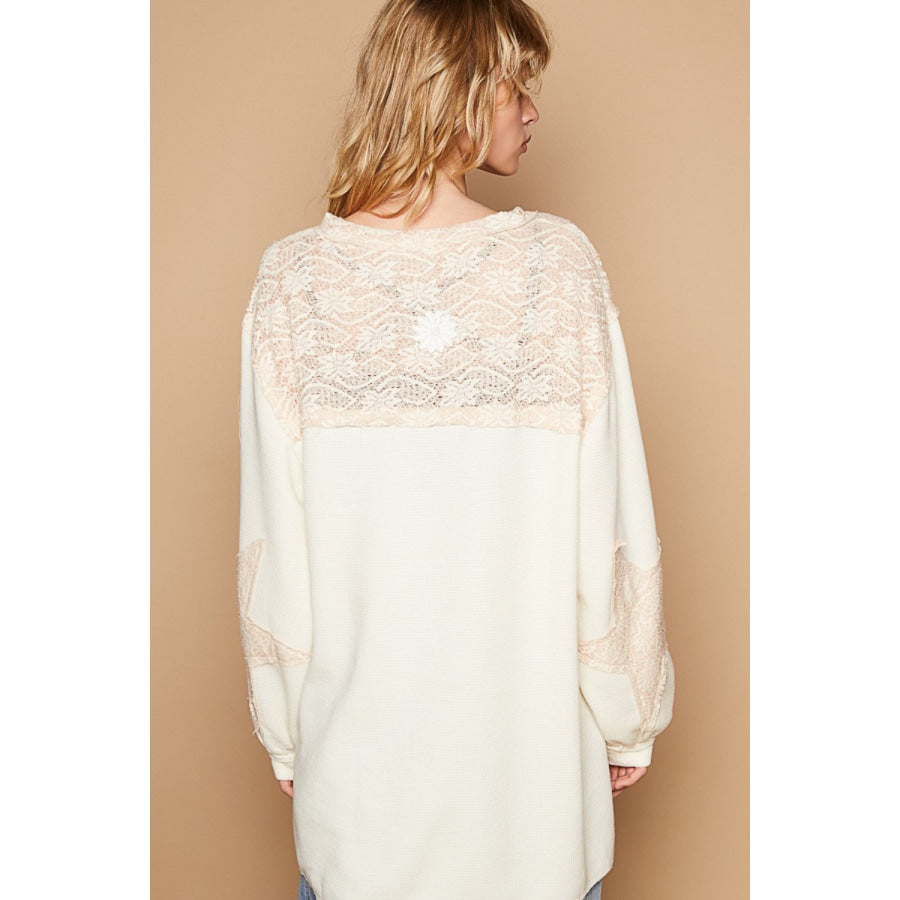 POL Round Neck Long Sleeve Crochet Patches Top Apparel and Accessories