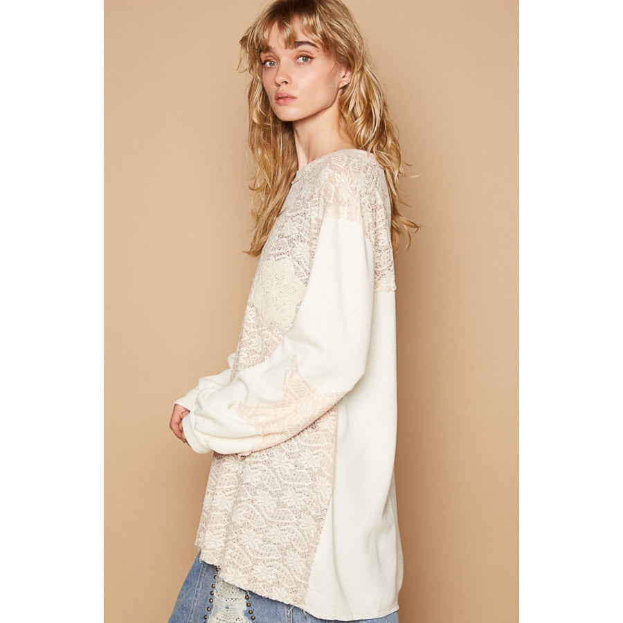 POL Round Neck Long Sleeve Crochet Patches Top Apparel and Accessories