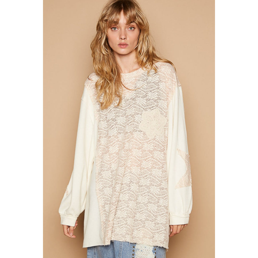 POL Round Neck Long Sleeve Crochet Patches Top Cream/Beige / S Apparel and Accessories