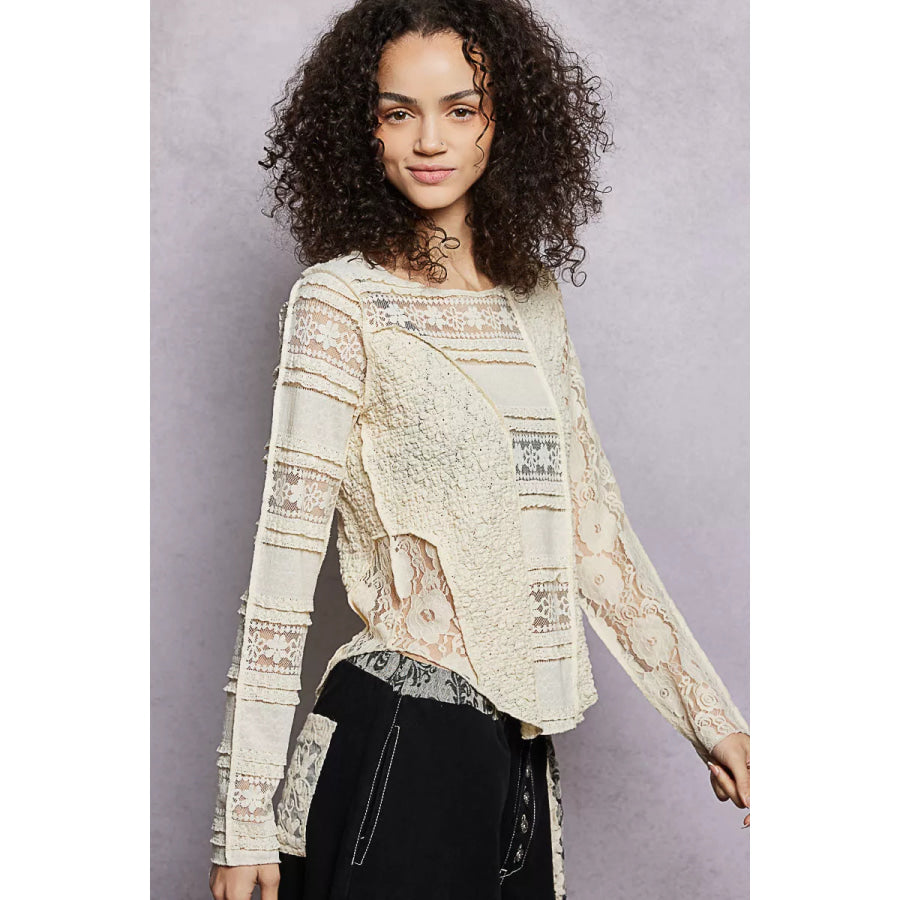 POL Round Neck Long Sleeve Exposed Seam Top with Lace Detail Apparel and Accessories
