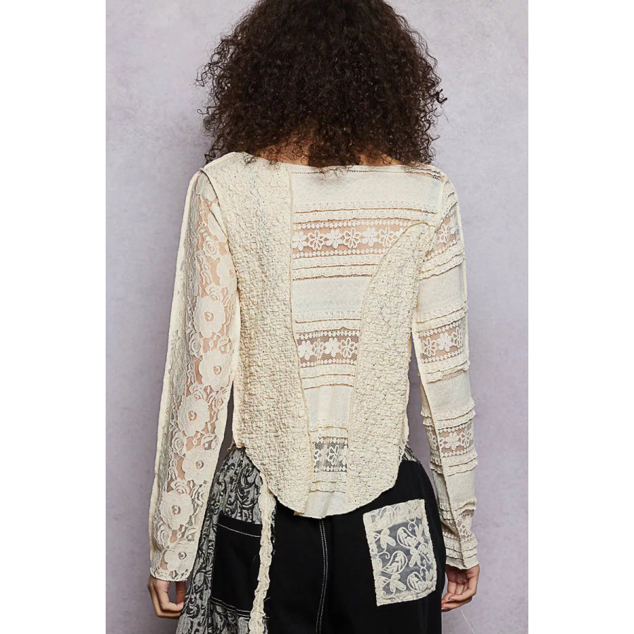 POL Round Neck Long Sleeve Exposed Seam Top with Lace Detail Apparel and Accessories