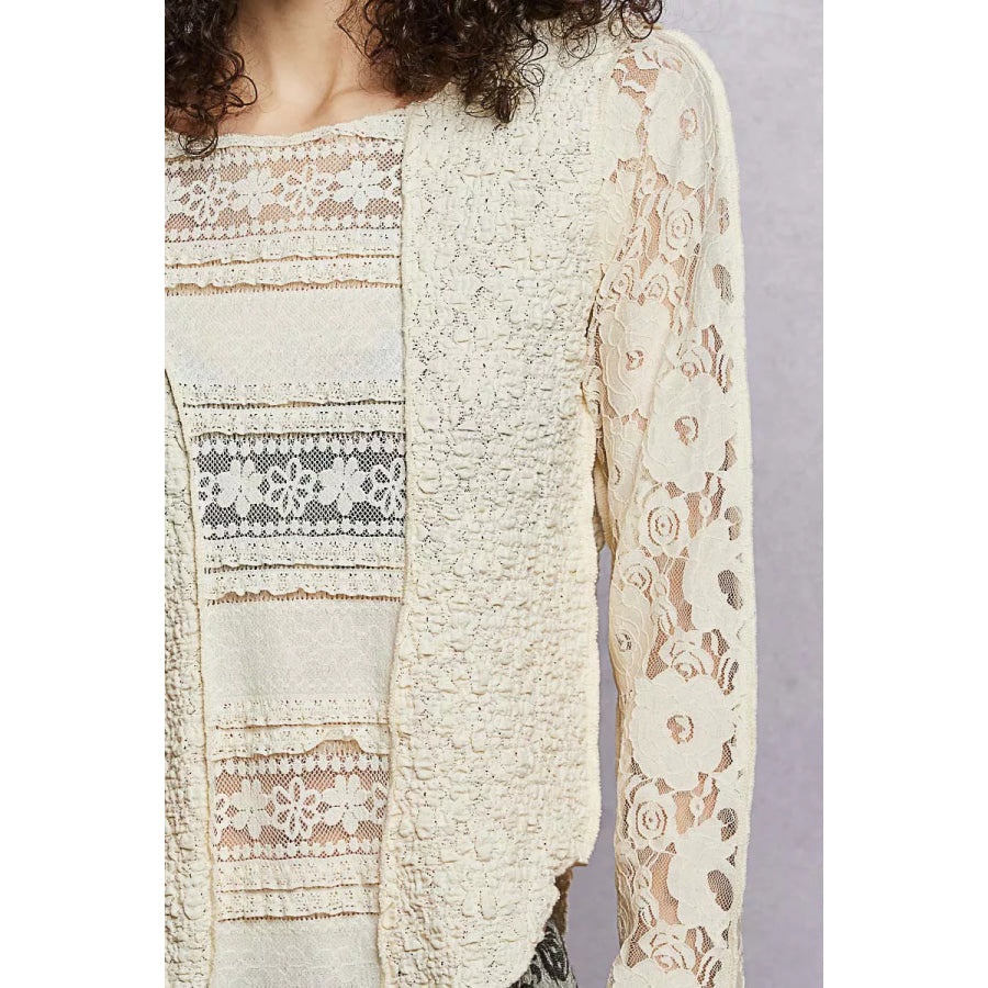 POL Round Neck Long Sleeve Exposed Seam Top with Lace Detail Apparel and Accessories