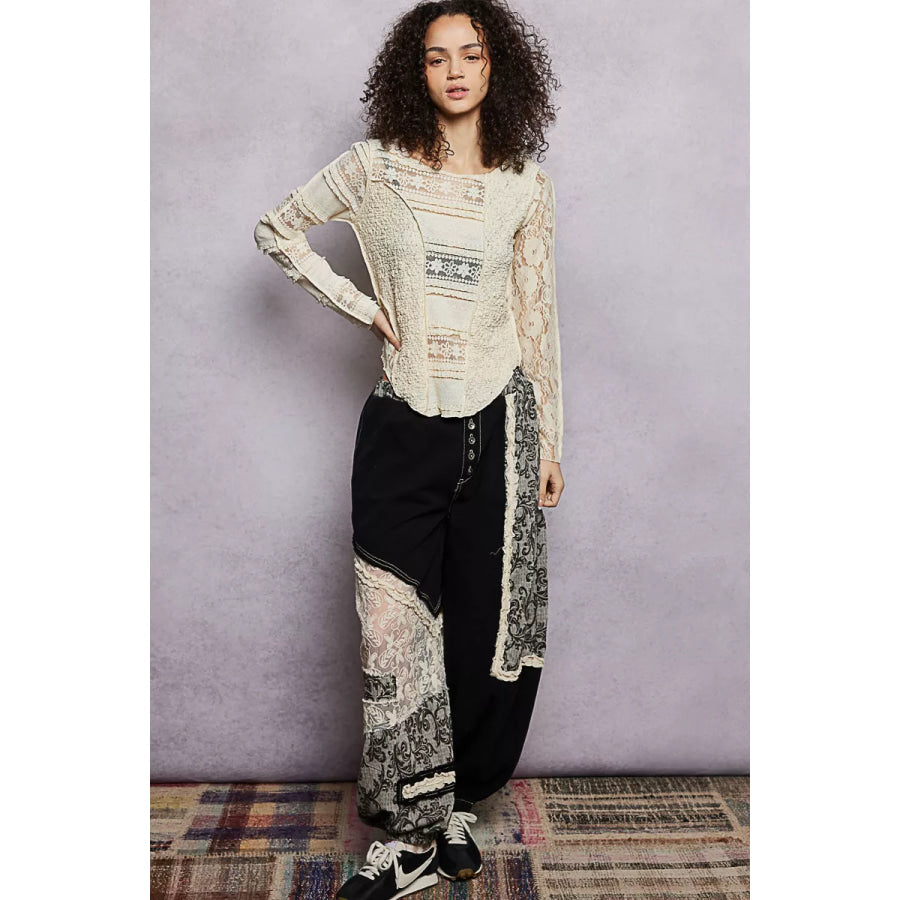 POL Round Neck Long Sleeve Exposed Seam Top with Lace Detail Apparel and Accessories