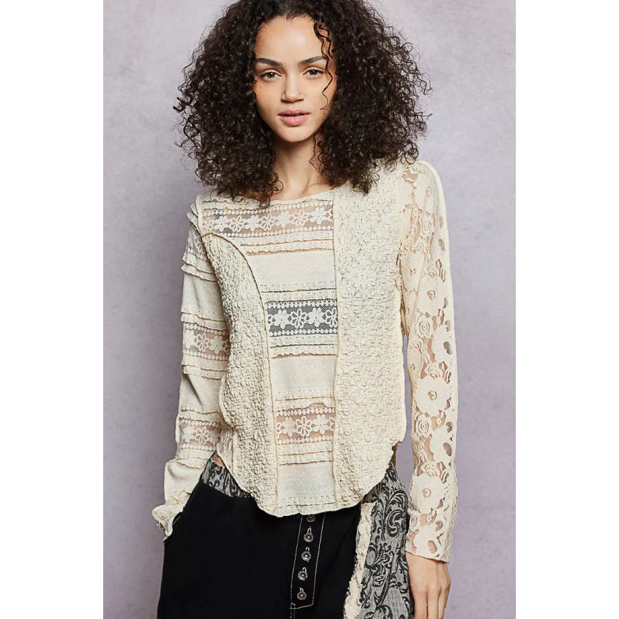 POL Round Neck Long Sleeve Exposed Seam Top with Lace Detail NATURAL / S Apparel and Accessories