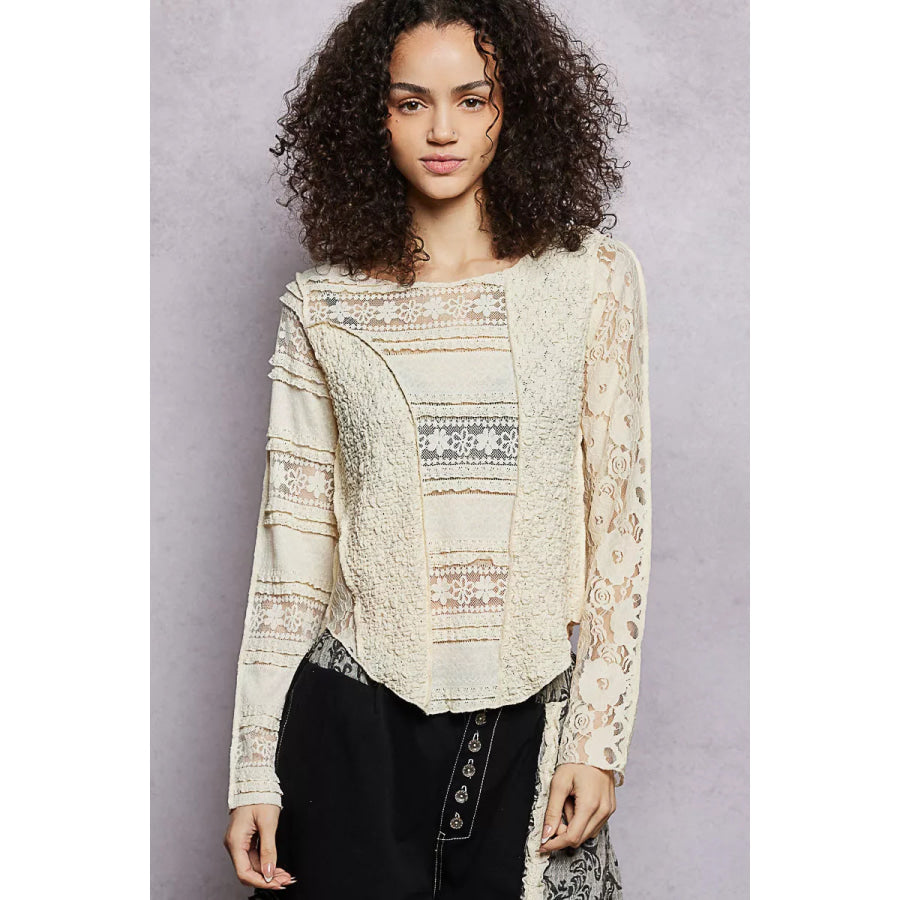 POL Round Neck Long Sleeve Exposed Seam Top with Lace Detail NATURAL / S Apparel and Accessories