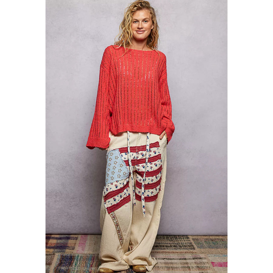 POL Round Neck Long Sleeve Open Weave Sweater Apparel and Accessories