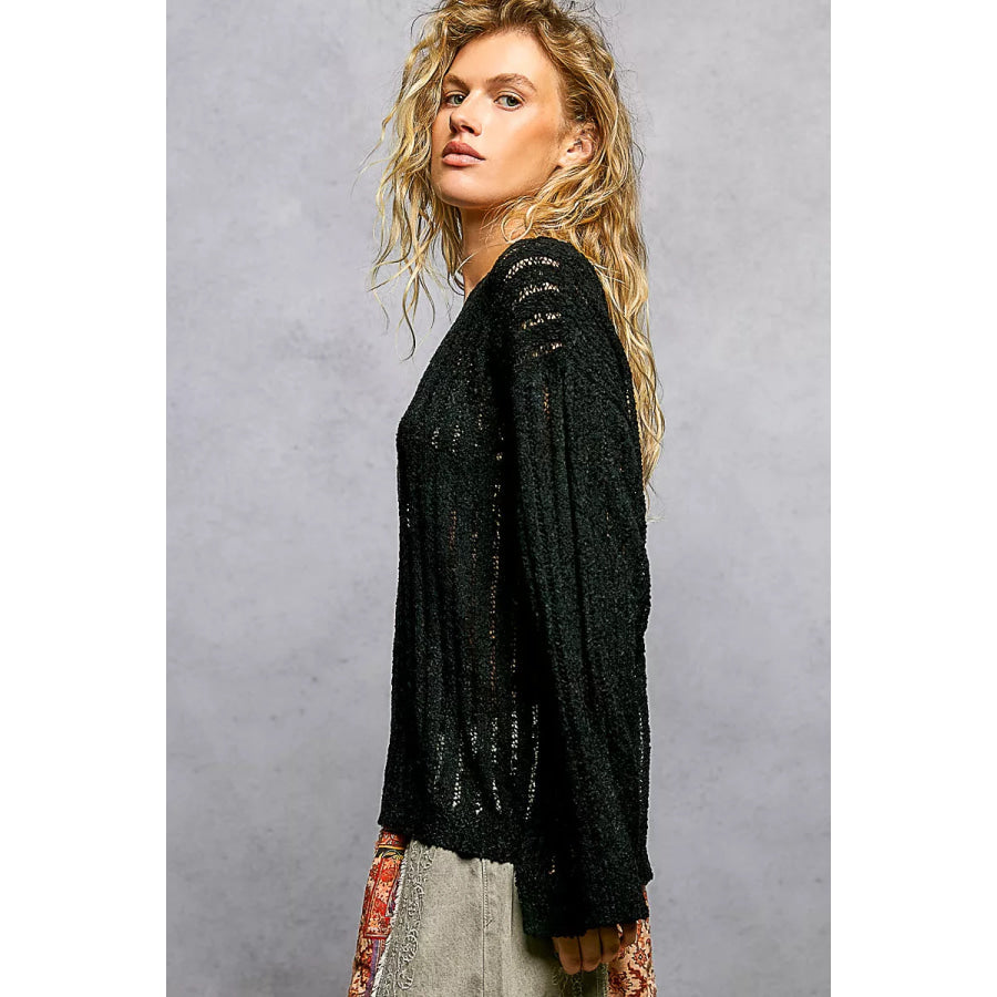 POL Round Neck Long Sleeve Open Weave Sweater Apparel and Accessories