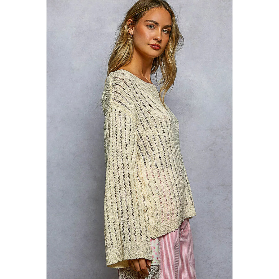 POL Round Neck Long Sleeve Open Weave Sweater Apparel and Accessories