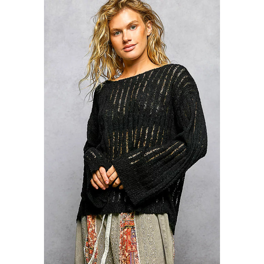POL Round Neck Long Sleeve Open Weave Sweater BLACK / S Apparel and Accessories