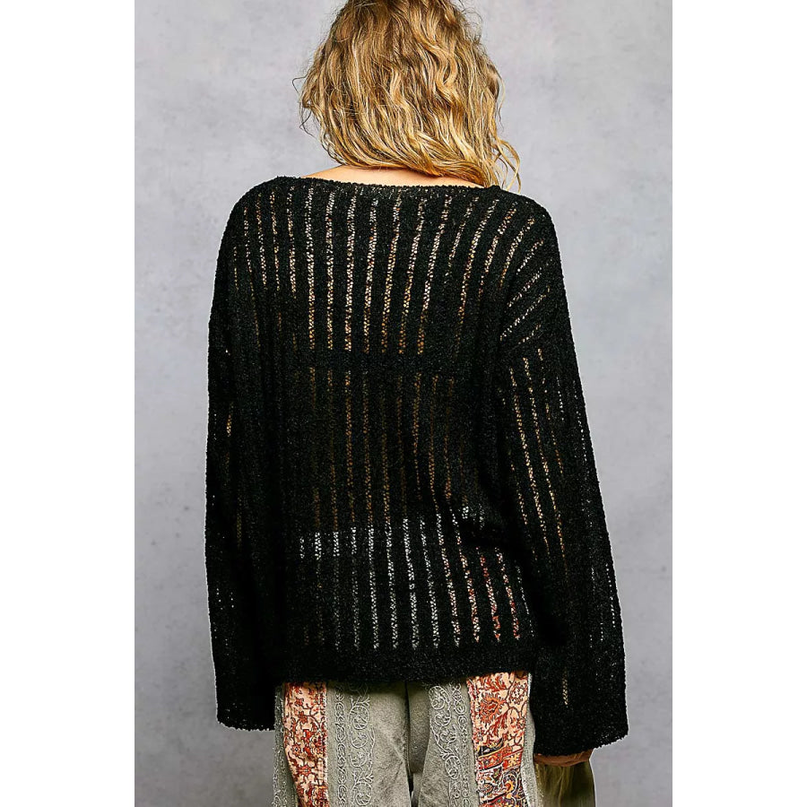 POL Round Neck Long Sleeve Open Weave Sweater Apparel and Accessories
