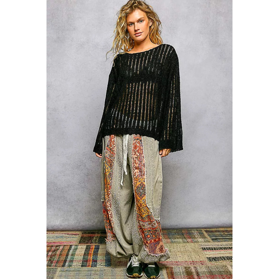 POL Round Neck Long Sleeve Open Weave Sweater Apparel and Accessories