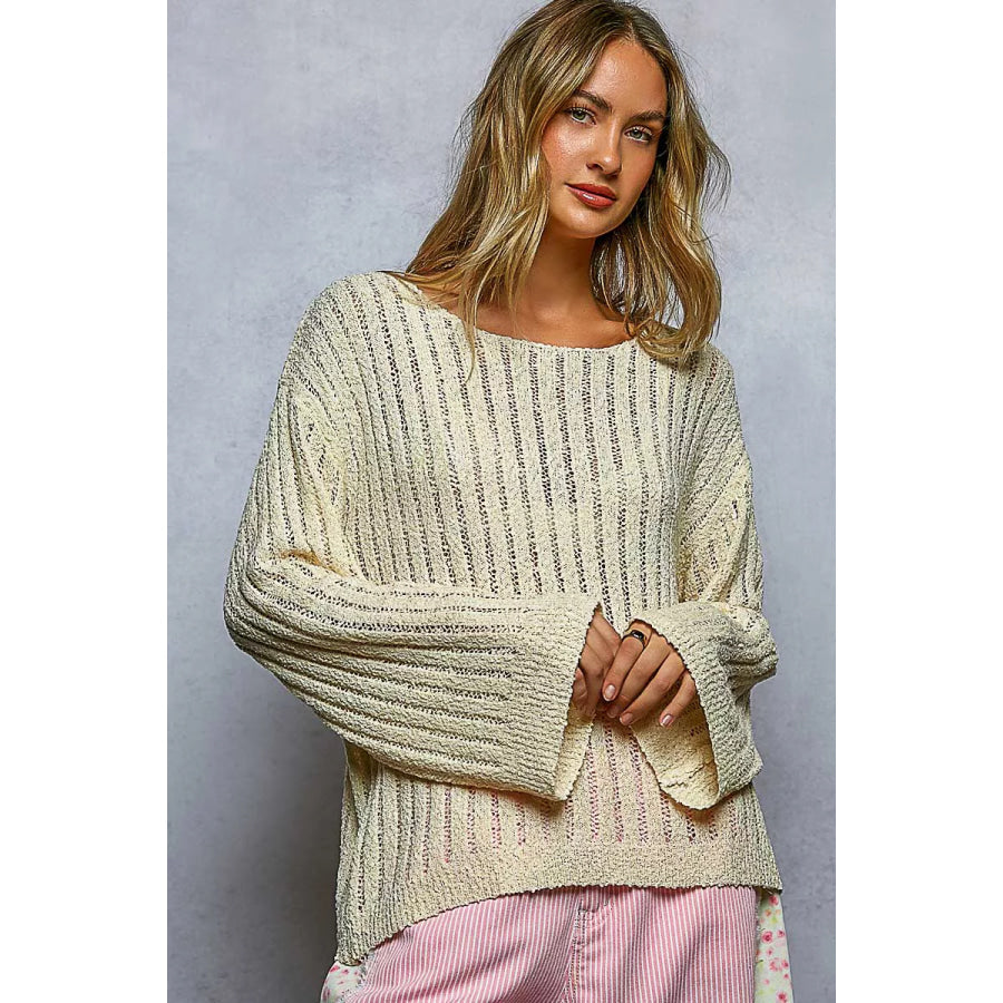 POL Round Neck Long Sleeve Open Weave Sweater NATURAL / S Apparel and Accessories