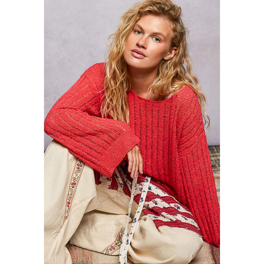 POL Round Neck Long Sleeve Open Weave Sweater Apparel and Accessories