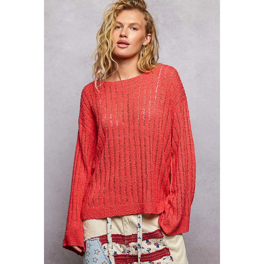 POL Round Neck Long Sleeve Open Weave Sweater APPLE RED / S Apparel and Accessories