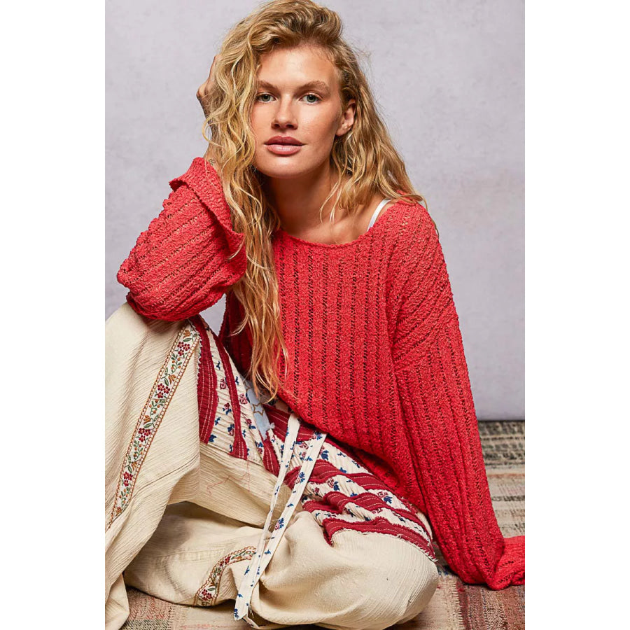 POL Round Neck Long Sleeve Open Weave Sweater Apparel and Accessories