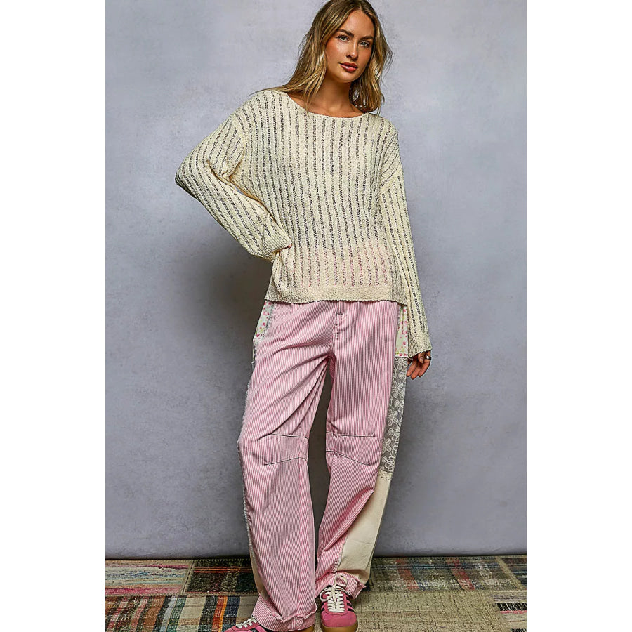 POL Round Neck Long Sleeve Open Weave Sweater Apparel and Accessories