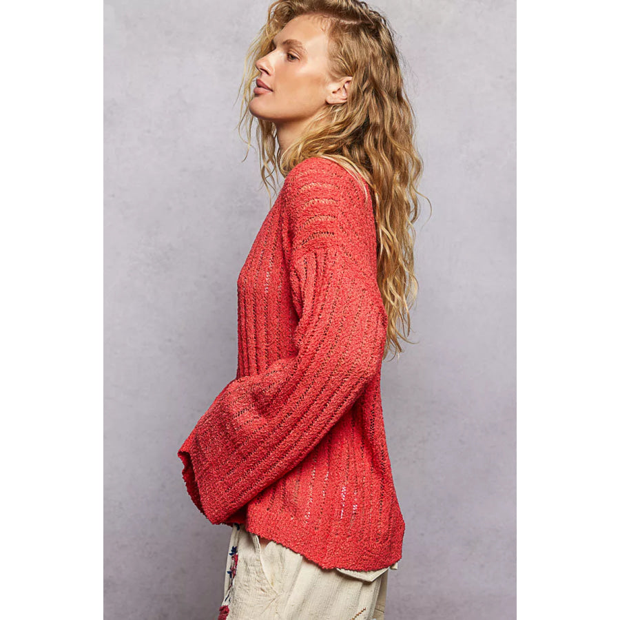 POL Round Neck Long Sleeve Open Weave Sweater Apparel and Accessories