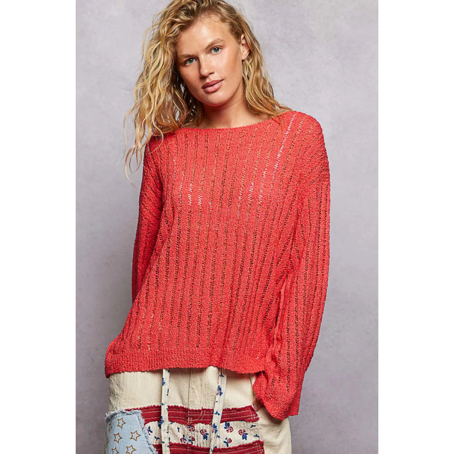 POL Round Neck Long Sleeve Open Weave Sweater APPLE RED / S Apparel and Accessories