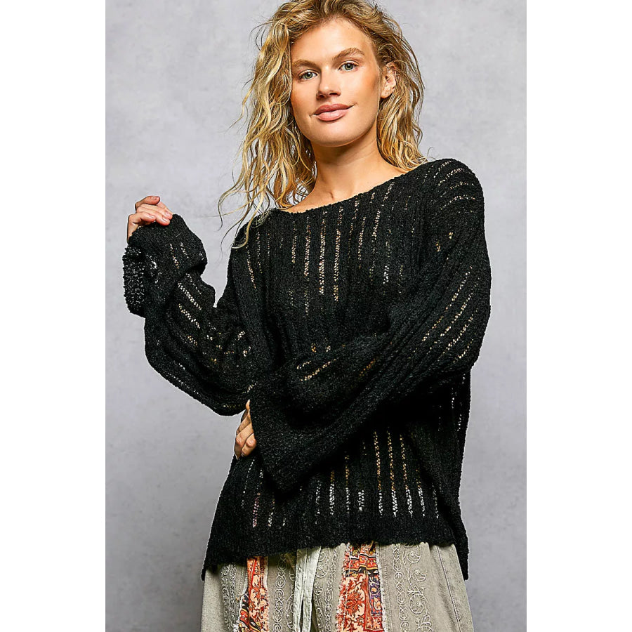 POL Round Neck Long Sleeve Open Weave Sweater BLACK / S Apparel and Accessories