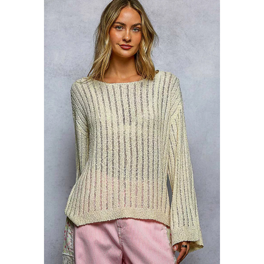POL Round Neck Long Sleeve Open Weave Sweater NATURAL / S Apparel and Accessories