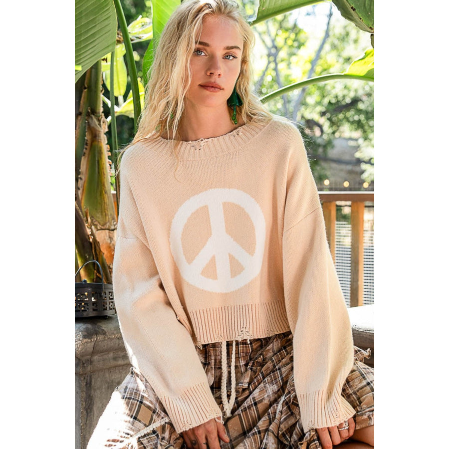 POL Round Neck Long Sleeve Peace Sign Sweater Apparel and Accessories